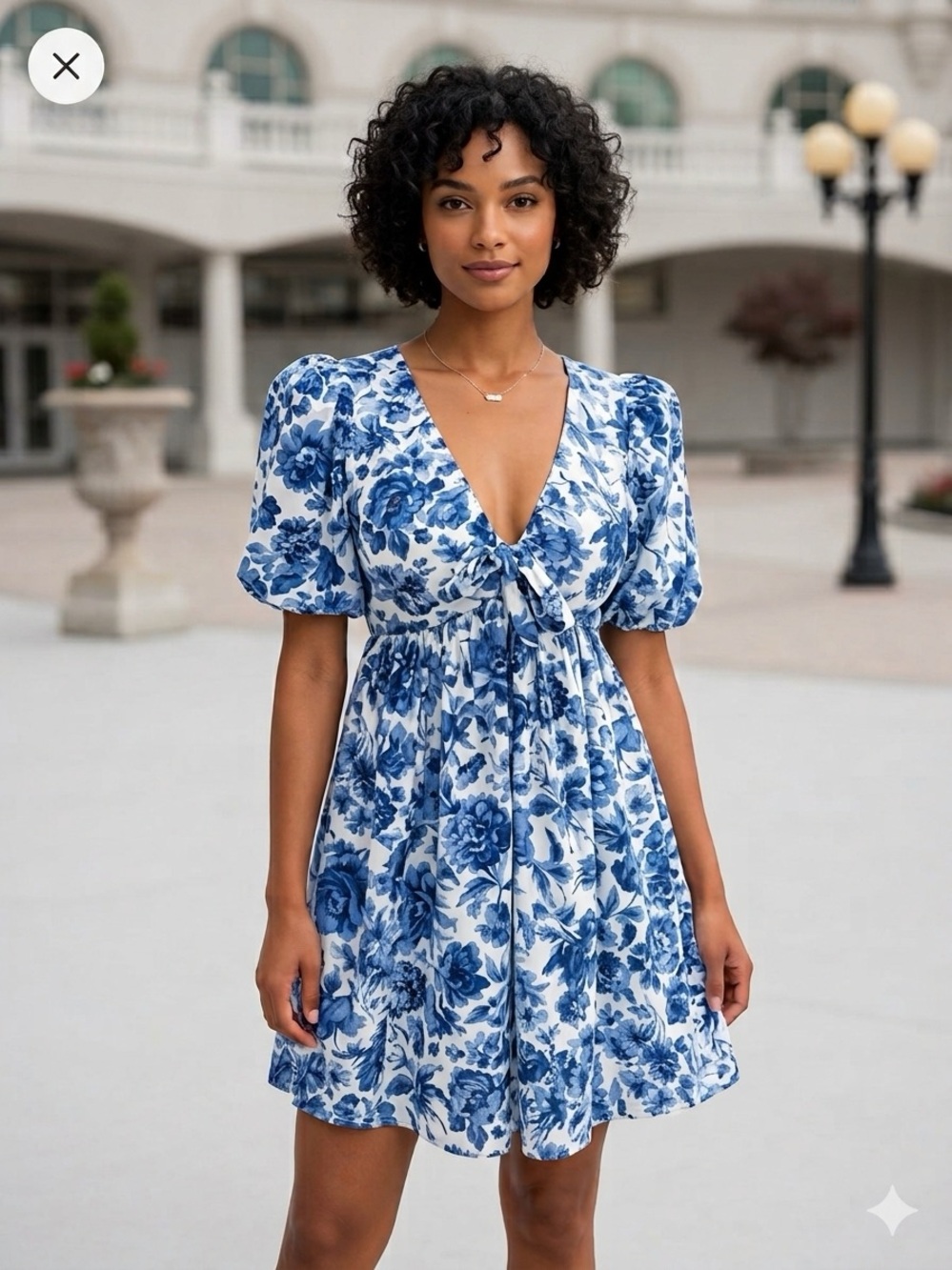 Abercrombie & Fitch Blue Floral Tie-Front Puff Sleeve Mini Dress